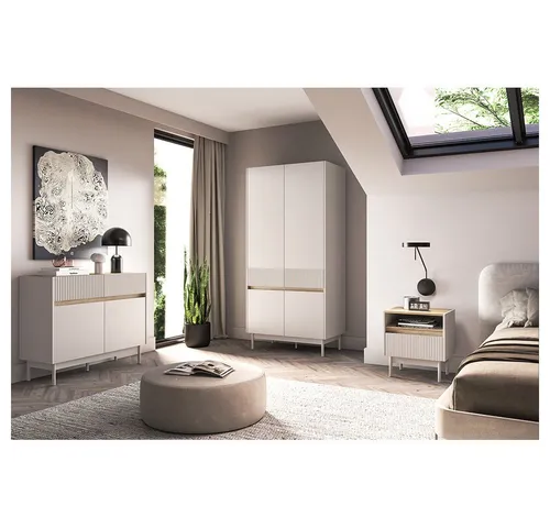 Lomadox Schlafzimmer-Set DINAR-131, 3-teilig, modern mit Metallfüßen - Stilvolles 3-teiliges Schlafzimmer-Set in kaschmir matt und Eiche-Dekor. Mit geräumigem Kleiderschrank, eleganter Kommode und praktischer Nachtkommode. Genießen Sie durchdachtes Design und Pflegeleichtigkeit – ideal für Ihr modernes Zuhause.
