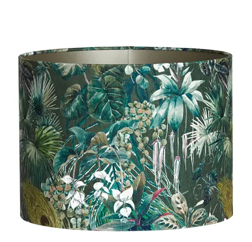 Dirk Davids Lampenschirm Zylinder in Velours Grün - Hochwertiger Lampenschirm Zylinder aus Velours mit floralen Motiven, ideal für Standleuchten oder Tischlampen. Er sorgt für ein warmes, harmonisches Licht und verleiht Ihrem Wohnraum eine anheimelnde Note.