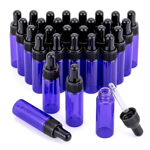 Pxyelec Glas-Tropfflaschen, nachfüllbar, für ätherische Öle, mit Pipetten für Duftlotion, Probe, 5 ml, Violett, 30 Stück