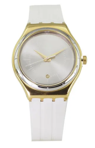 Swatch Quarzuhr WHITELINER Swiss - Elegante Armbanduhr mit Schweizer Quarzwerk, 3 ATM wasserfest und ideal für jeden Anlass. Gehäuse aus Edelstahl und stilvolles Design in Silber und Gold.