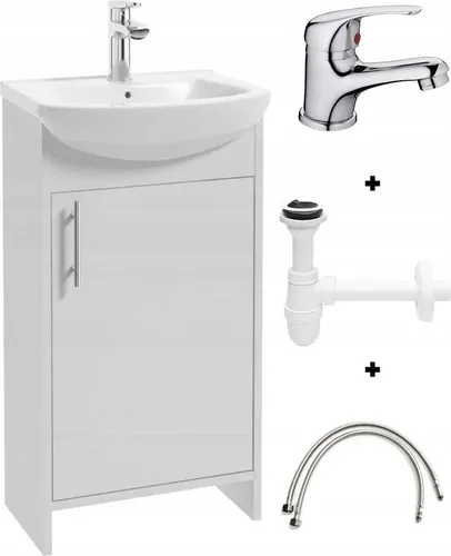 Badezimmerschrank mit Waschbecken 86x45 cm - Weiß - Praktisches Badezimmermöbel-Set mit 45 cm Waschbecken, Mischbatterie und Siphon. Ideal für kleine Bäder, schafft zusätzlichen Stauraum und vergrößert optisch den Raum.