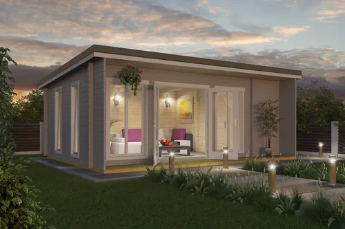 Gartenhaus Blockhaus Pultdach 44 mm Japan grau 628x410 cm