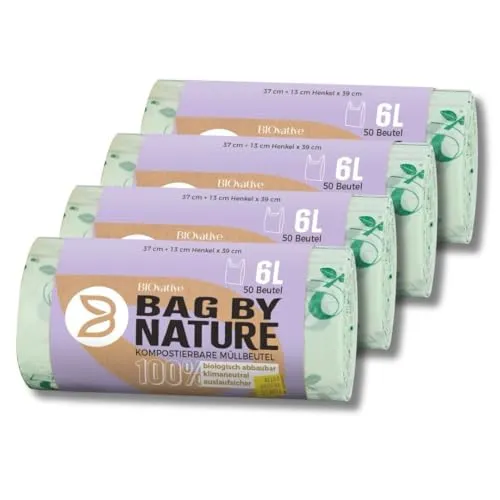 BIOvative PRODUCTS 6L Biomüllbeutel mit Henkel | 200 Müllbeutel, 100% kompostierbar, Made in Germany | Reißfeste Bio-Abfallbeutel, klimaneutralisiert & vegan | Nachhaltig für umweltbewusste Haushalte