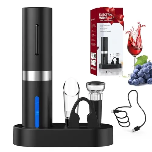 CIRCLE JOY Elektrischer Weinöffner-Set, Wiederaufladbares 5-in-1 Weinöffner-Geschenkset mit Ladestation, Folienschneider, Weinausgießer und Vakuum-Weinstopfen