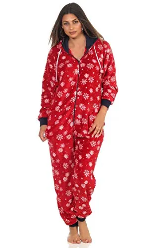 NORMANN-Wäschefabrik Wunderschöner Damen Jumpsuit, Overall mit Kapuze im winterlichen Design - 291 267 97 951, Farbe:rot, Größe2:44/46