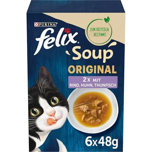 FELIX Soup, Suppe für Katzen mit zarten Stückchen, Sorten-Mix, 8er Pack (8 x 6 Beutel à 48g)
