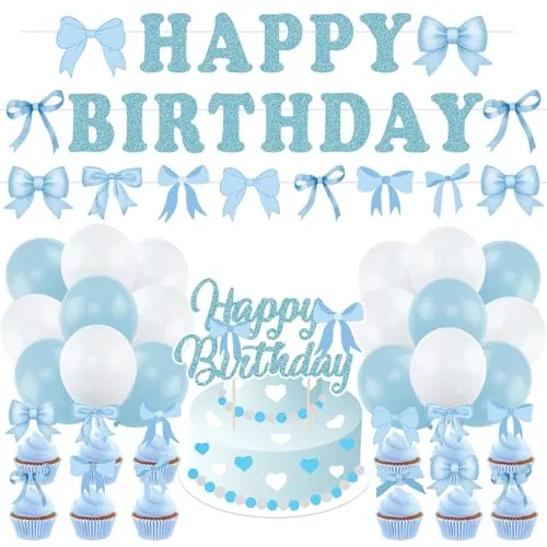 47pcs Blau Schleife Geburtstag Dekorationen,Happy Birthday Deko, Geburtstagsdeko Blau, mit Schleife Cupcake Topper, Geeignet für die Atmosphäre Dekoration und Geburtstagsdekoration für Mädchen