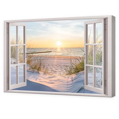 Leinwandbild Fensterblick Strand Meer Ostsee 120x80 cm von Wallarena