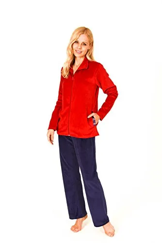 Damen Hausanzug Homewear Nicky Velvet - 57672, Größe 44/46, rot - Bequemer Damen Hausanzug aus Nicky-Velvet, ideal für gemütliche Abende. Hergestellt aus 80 % Baumwolle und 20 % Polyester, bietet er ein angenehmes Tragegefühl und ist perfekt für die kalte Jahreszeit.