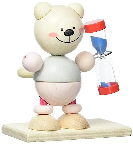 Hess Holzspielzeug 14531 - Zahnputzuhr aus Holz für Kinder, inkl. Sanduhr, Nature Serie Bär in Rosa, handgefertigt, zur täglichen Nutzung beim Zähneputzen