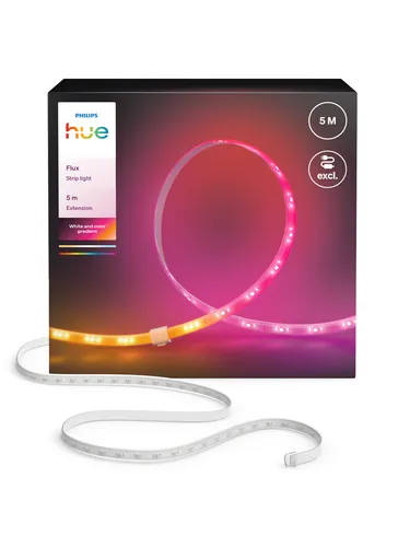 Philips Hue LED-Streifen-Erweiterung Flux 48 W RGBW 5 m - Erweitere deinen Philips Hue Lightstrip mit dieser 5 m langen LED-Streifen-Erweiterung. Genieße lebendige Farben und reines Weiß für eine perfekte Atmosphäre in jedem Raum. Flexibel steuerbar über die Hue App oder Sprachassistenten.