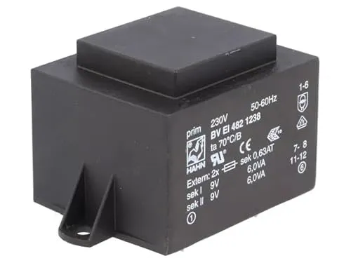 BV EI 482 1238 Transformator: überzogen 12VA 230VAC 9V 9V 667mA 667mA 350g HAHN