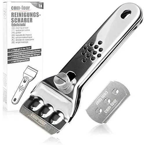 COM-FOUR® Schaber mit 2 Klingen aus rostfreiem Edelstahl mit rutschfestem Griff und Klingenschutz, für Glas, Glaskeramik und Cerankochfelder mit Fach für Ersatzklingen (01 Stück + 02 Klingen)