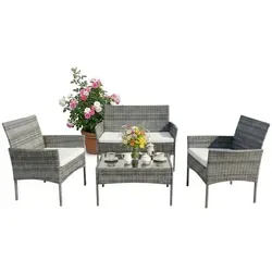 relaxdays 4-teiliges Gartenmöbel Set Rattan - Grau - Elegantes 4-teiliges Gartenmöbel Set für Terrasse, Balkon oder Garten. Bequeme Sitzgelegenheit für bis zu 4 Personen mit witterungsbeständigem PP-Rattan. Ideal für gesellige Abende im Freien!