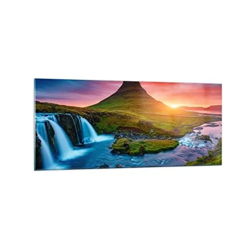 Wandbilder Dekoration Wohnzimmer Sonnenuntergang Wasserfall Island Vulkan Panorama Bilder auf Glas 120x50cm Glasbild Schlafzimmer Küche Wand Kunstdruck Art Groß Wanddeko Modern GAB120x50-2963