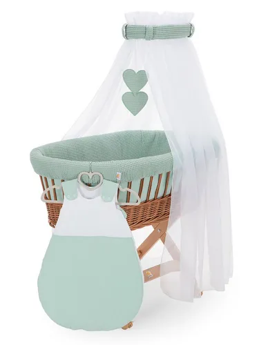 FabiMax Stubenwagen naturbelassen, Komplettset, Musselin & Waffelpiqué, Inkl. Matratze, Nestchen & Schlafsack