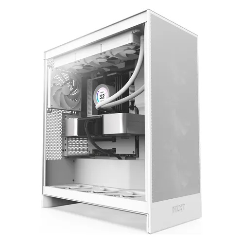 NZXT H7 Flow Mid Tower Gehäuse - PC-Gehäuse mit seitlichem gehärtetem Glasfenster, hervorragende Kühlung und modernes Design für optimale Luftzirkulation.