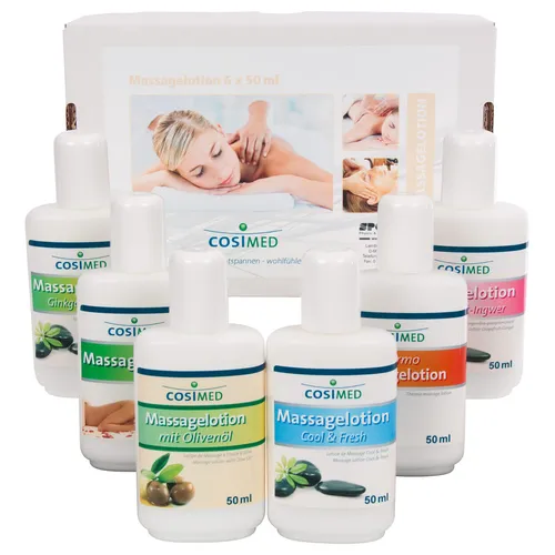 Probierset Massagelotion - 6 Flaschen à 50 ml - Kategorie: Lotionen & Cremes, ideal für professionelle Physiotherapie und entspannende Massagen.