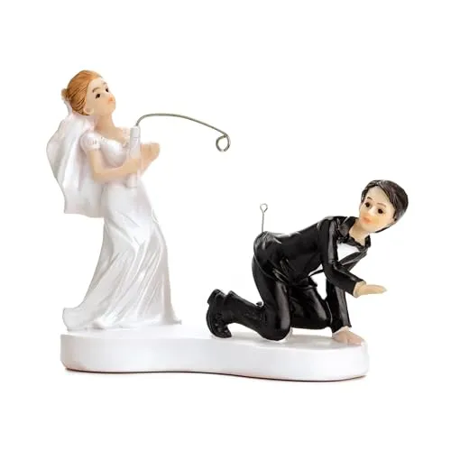 Tortenfigur Hochzeit 13cm - Brautpaar Figuren mit Angel - Hochzeitstorte Deko Tortendeko Tortenaufsatz Cake Topper - Hochzeitsdeko Torte - Hochzeitstortenfiguren Weiß Schwarz