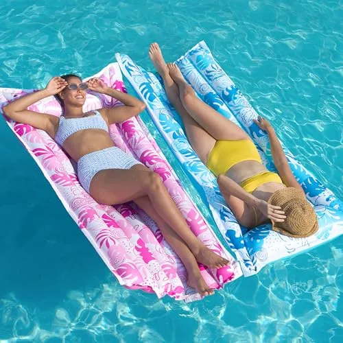 SLOOSH 2er-Pack Modische Aufblasbare Luftmatratze Pool, Elegante Pool Matratze mit Blätter-Design (Blau & Rot), Premium Pool Flöße & Sonnenliegebett für Erwachsene, Wasser Spielzeug für Sommer Outdoor