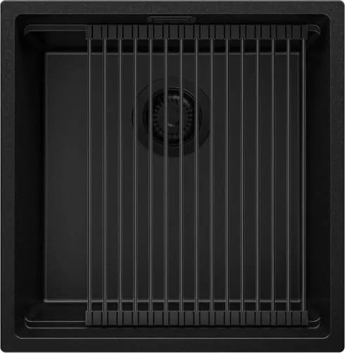 PRIMAGRAN Spülbecken Alles Schwarz 46x47cm, Granitspüle 1 Becken + Ablauf-Set + Aufrollbare Abtropffläche, Küchenspüle ab 50er Unterschrank - Praga Slim S150