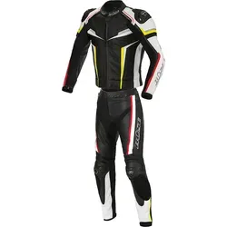 Büse Mille 2-Teiler Motorrad Lederkombi, schwarz-rot-gelb, Größe 46 - Hochwertige Motorrad Lederkombi aus robustem Rindleder, kombiniert mit elastischem Gewebe für optimalen Tragekomfort. Ideal für leidenschaftliche Fahrer, die Wert auf Sicherheit und Stil legen.