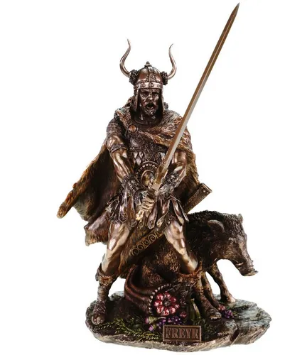 Veronese Frey Figur - Germanischer Gott mit Eber - Statuen der nordischen Gott Freyr mit erhobenem Schwert und Wildschwein, aus hochwertigem Polyresin mit echtem Bronzeüberzug. Perfekt für Mythologie-Liebhaber!