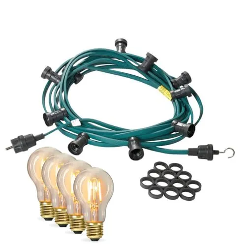 Illu Lichterkette Komplettset 5m mit 10 E27 LED Filamentlampen - Weihnachtsbeleuchtung für Outdoor-Events, bietet ultra-warmes Licht und ein zeitloses Retro-Design, ideal für Terrassen und Gastronomie.