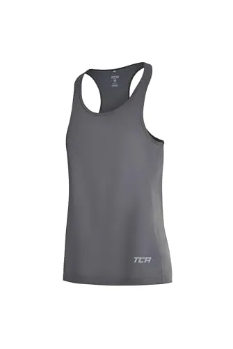 TCA Tank Top Damen - Sporttop Damen Top für Rennen Fitness Yoga - Trägertop mit 3 Rückentaschen - Fitness Tanktop Trainingsshirt mit Reflektoren - Schwarz/Dunkelgrau, L