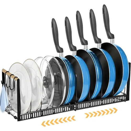 RDDAIPE Pfannen Organizer Schublade, Pfannenhalter für Schublade mit 10 Verstellbaren Teiler, Topf Organizer Schublade, Topfdeckel Organizer, Erweiterbarer Topfdeckelhalter, Pfannenhalter für Küche