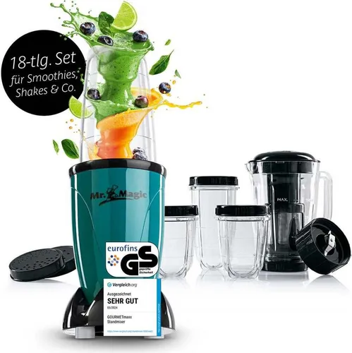 GOURMETmaxx Smoothie Maker 18tlg. Set - Stand-Mixer mit 4 To-Go Bechern, 400 Watt Leistung und vielseitigen Klingenaufsätzen für cremige Smoothies und frische Säfte