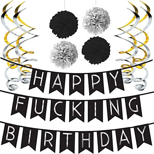 Witzige Happy Birthday Girlande – Schwarz & Gold lustige Deko Geburtstag, Luftballons, Pom Poms und Spiralgirlande Silber – Party Zubehör – 18. 30. 40. 50.