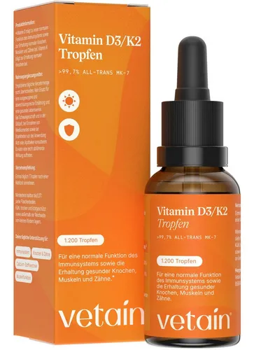 VETAIN Vitamin D3 K2 Tropfen, 1000 I.E. Vitamin D3 & 12µg Vitamin K2 pro Tropfen - à 30 ml, Vitamin D3 aus Flechten + K2Vital®