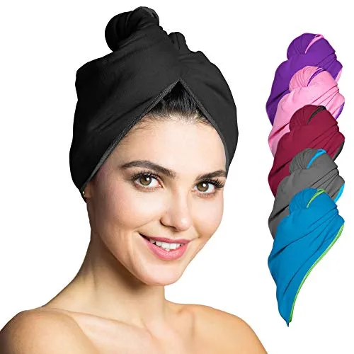 Fit-Flip Haarturban aus Mikrofaser - 1 Stück Haarhandtuch mit Knopf - schnelltrocknend und saugstark - Turban Handtuch für Haare (schwarz)