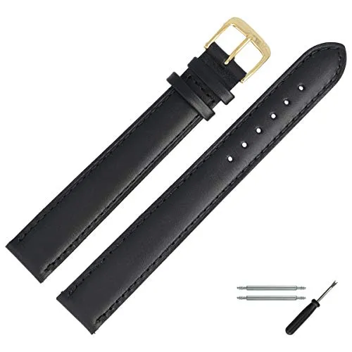 MARBURGER Uhrenarmband 20mm Leder Schwarz Gold Glatt - Montage Set - Leder-Uhrenarmband für breite Handgelenke, extra lang und in hochwertiger Rindsleder-Qualität. Lieferung inklusive Federstege und Montageanleitung für einfachen Wechsel. Ideal für klassischen Uhrenansatz.