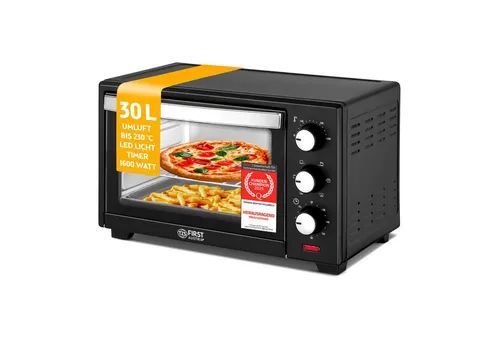 TZS First Austria 30L Minibackofen - 1600 Watt - Minibackofen mit 30L Kapazität und stufenloser Temperaturregelung bis 230°C. Ideal für Kochen, Backen & Grillen auf drei Einschubhöhen – platzsparend und leistungsstark!