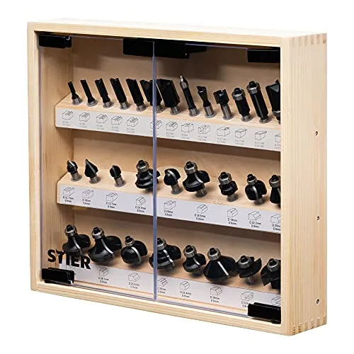 STIER 30-teiliges Fräsersortiment in stabiler Vitrine, 8 mm - Einsätze zur Kantenbearbeitung & Aushöhlung, hochwertig und langlebig mit Carbide-Schneiden, ideal für präzise Holzarbeiten und kompatibel mit gängigen Oberfräsen.