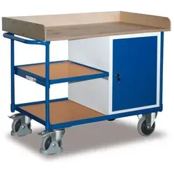 VARIOfit Werkstattwagen mit 3 Ladeflächen und Schrank - Werkstattwagen bestückt mit robuster Stahlrohrkonstruktion, 3 Ladeflächen, inklusive verschließbarem Stahlschrank. Ideal für die organisierte Werkstatt mit hoher Traglast von bis zu 400 kg.