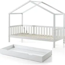 Hausbett Kapua 90x200 cm - Modernes Kinderbett aus Massivholz in Weiß - Stilvolles Hausbett aus der Kapua-Serie mit einer Liegefläche von 90x200 cm. Robustes Massivholz in Weiß, inklusive Dachaufbau und Bettschublade. Einfacher Aufbau dank beiliegender Anleitung.