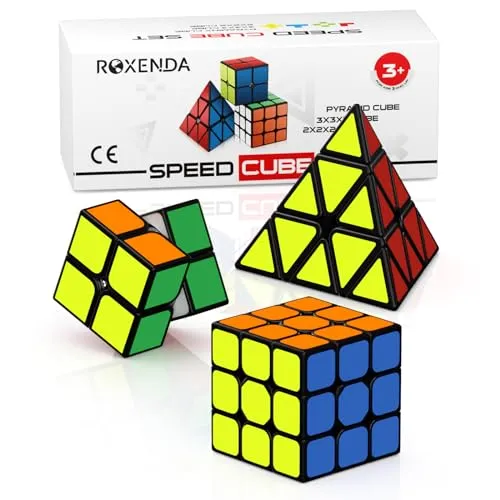 Roxenda Zauberwürfel Set, Original Speed Cube Set mit 2x2 3x3 Pyramide Speedcube, Einfaches Drehen & Flüssiges Spielen, Aufkleber Version (Sticker)