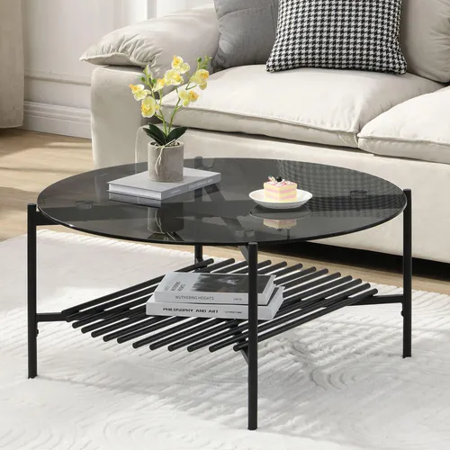 FINEBUY Couchtisch 80 cm Rund Schwarz Glas Metall von FineBuy