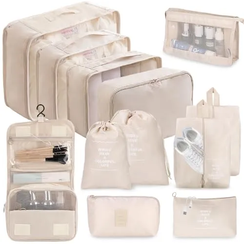 12-tlg. Kofferorganizer, Kofferorganizer, wasserdicht, mit Packtaschen, Kleiderbeutel, Kosmetiktasche, Schuhtaschen, Organizer, Koffer (Beige)