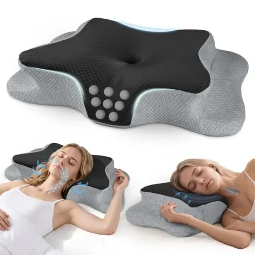 CHxxy Schmetterlingskissen, Memory Foam Nackenkissen, Ergonomisches Kissen | Seitenschläferkissen, Nackenstützkissen, höhenverstellbar, kühlend für Seiten-, Rücken- und Bauchschläfer, Schwarz und Grau