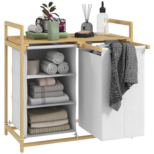 HOMCOM Wäschekorb 83L aus Bambus - Praktischer Wäschekorb mit Ablage und herausziehbarem Wäschesack für müheloses Wäschesortieren. Eleganter Bambusrahmen und 3 Fächer für Waschmittel bieten zusätzlichen Stauraum.