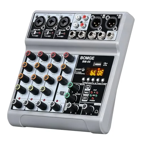 BOMGE Audio Mixer mit 5 Kanälen, Bluetooth und USB - Vielseitiger Audiomixer für Live-Streaming und Podcasting, ausgestattet mit 48V Phantomspeisung, Echo- und Delay-Effekten sowie einfacher USB-Anbindung für Aufnahme und Musikwiedergabe.