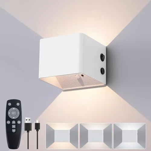 FUPE Akku Wandlampe Innen mit Bewegungssensor,Fernbedienung,Wandlicht Up and Down Innen LED Wandleuchte 3 Modi Wiederaufladbare Batteriebetriebene Wandlampen,Weiß