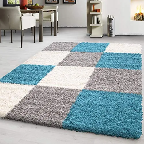Hochflor Teppich Wohnzimmer Kariertes Design Schlafzimmer Esszimmer Flur Küchenteppich Weich & Flauschig Langflor Pflegeleicht Rechteckig Teppich in Farbe: Türkis, Grösse: 120 x 170 cm