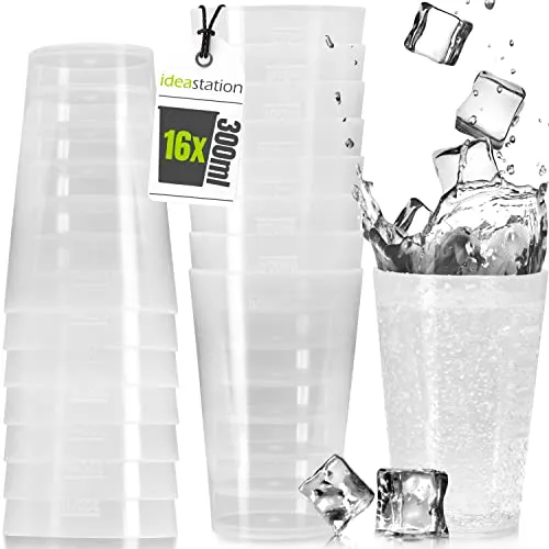 idea-station Plastikbecher 16 x 300 ml - transparent - bruchsichere Trinkbecher mehrweg - stabile Party Becher aus Plastik