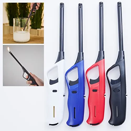 UNILITE 4 x Stabfeuerzeug mit Soft Flame – langes Feuerzeug mit Stab 27,6 cm lang – Elektronik Feuerzeuge – 4 Stück im Set schwarz weiß blau rot – Elekt-rofeuerzeuge mit Gas befüllt & nachfüllbar