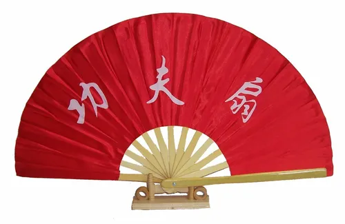 Fächer rot Stoff China Zeichen Holz Samt Tai Chi Qi Gong Tanz 037